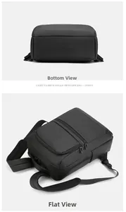 Flat lay and bottom view of black waterproof business laptop backpack showing base structure