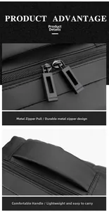 Detail of durable double zippers and padded handle on black waterproof business backpack