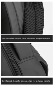 Detail of breathable honeycomb mesh straps and reinforced stitching on a black laptop backpack