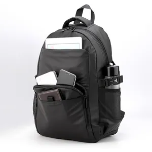Matte black nylon backpack with multi-pocket storage for laptop and travel essentials