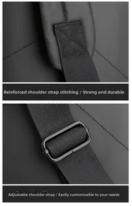 Detail of reinforced stitching and adjustable buckles on a black business laptop backpack