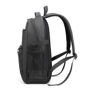 Minimalist black nylon business backpack with large capacity and mesh side pockets