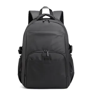 Minimalist black nylon business backpack with large capacity and multi-pocket design