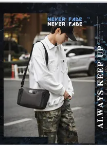 Detail view of water-resistant charcoal grey crossbody bag with adjustable strap and zip pocket