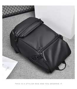 Detail of matte black waterproof backpack with multiple compartments and side buckles