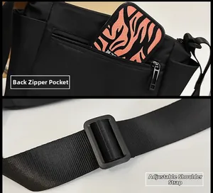 Detail showing back zipper pocket and adjustable wide shoulder strap of black backpack