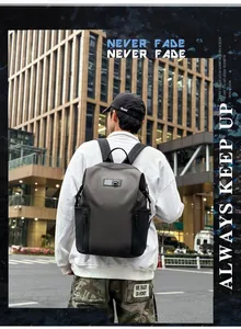 Detailed view of casual backpack with dark grey waterproof fabric and side pockets
