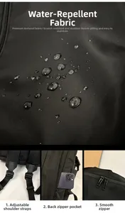 Close-up of water-repellent fabric and detail features of black travel backpack