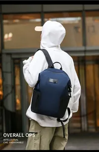 Detail of blue and black waterproof nylon commuter backpack with side zipper pockets