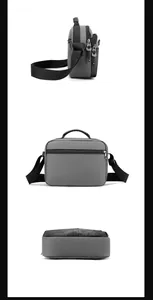 Detailed views of gray waterproof nylon crossbody bag showing back pocket and base