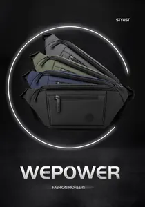 Waterproof nylon chest bags displayed in grey, green, blue, and black colors