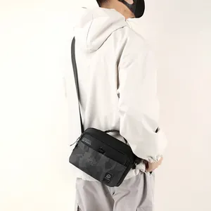 Men's multifunctional nylon crossbody bag with black and gray camouflage pattern