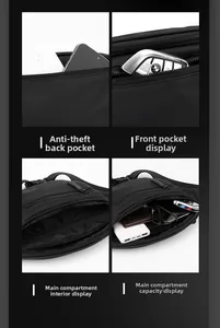 Detail view of multifunctional black crossbody bag with anti-theft back pocket and compartments