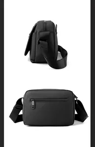Detail view of black oxford fabric messenger bag featuring matte hardware and adjustable strap