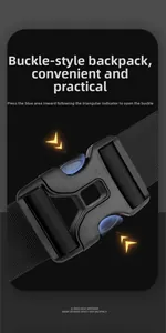 Close-up of quick release plastic side buckle with adjustable black nylon webbing strap
