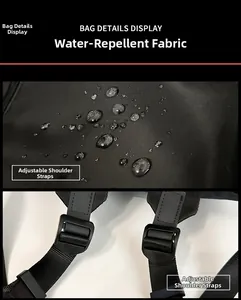 Close-up of waterproof fabric and adjustable shoulder strap on black casual backpack