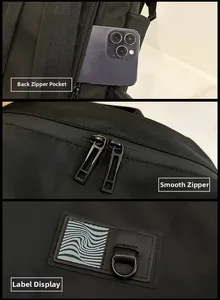 Detail of hidden back anti-theft zipper pocket, smooth dual zippers and D-ring logo tag
