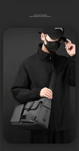 Detail of high-density waterproof nylon crossbody bag with buckle flap and woven straps