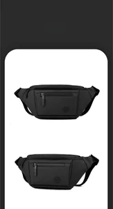 Close-up of waterproof black crossbody fanny pack with dual compartments and logo
