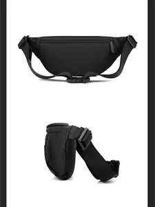 Detail of black waterproof sports waist bag showing anti-theft zipper and adjustable buckle