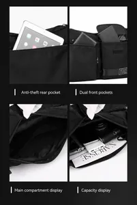 Macro detail of black water-resistant crossbody bag featuring multi-pocket storage and large capacity