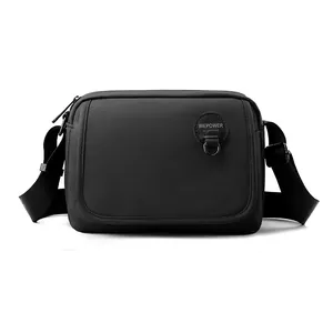 Minimalist black nylon crossbody bag with adjustable wide strap and circular logo