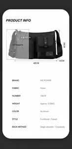Detailed size chart for black tactical crossbody bag showing 40x26x16cm dimensions
