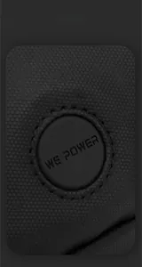 Macro shot of honeycomb textured black fabric with circular embossed WE POWER logo patch