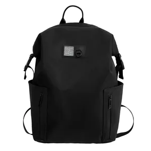 Men's casual black waterproof nylon backpack with dual vertical zipper pockets
