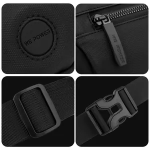 Detailed views of black outdoor crossbody bag showing nylon fabric, zipper, and buckle