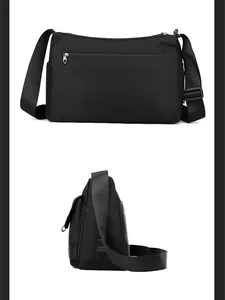 Detail of waterproof nylon crossbody bag featuring back anti-theft zipper and adjustable strap