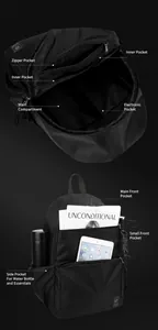 Detail showing the internal storage compartments and multi-layer organizer of the black backpack