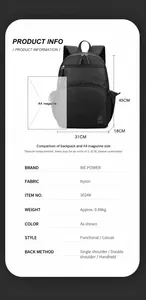 Detailed spec sheet showing 31x18x45cm dimensions for the black nylon techwear backpack