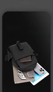 Detailed interior storage showing tablet and daily items in the waterproof nylon sling bag