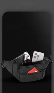 Detail of multi-compartment waist bag showing phone, wallet and keys storage capacity