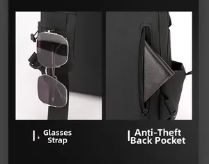 Detail showing sunglass strap design and anti-theft back pocket for men's chest bag