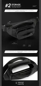 Detail showing the multi-pocket structure and large internal capacity of the black waist bag