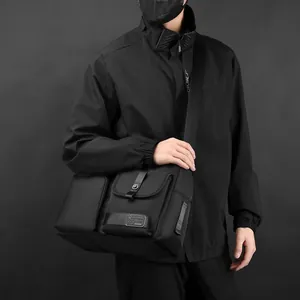 Urban functional black crossbody messenger bag with high-density fabric and multiple pockets