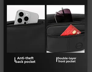 Detail of multi-layered front pockets and secure anti-theft back pocket on black chest bag