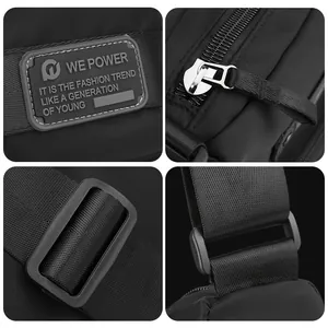 Black nylon shoulder bag featuring rubber logo, metal zippers and plastic buckles