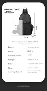 Detailed size guide for black nylon sling bag showing 32x17x11cm dimensions and 9.7 inch iPad