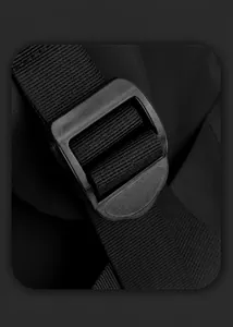 Detail of high-density nylon webbing and durable matte buckle on black business backpack