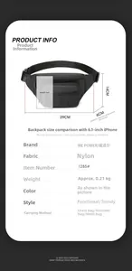 Size guide for nylon belt bag showing 29x14x6cm dimensions and iPhone comparison