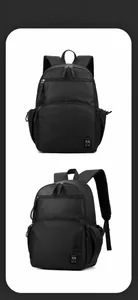 Detail view of black waterproof business backpack with breathable mesh straps and pockets