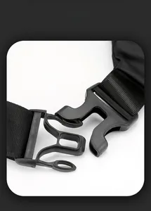 Detail of durable matte plastic buckle and nylon strap on a casual men chest bag