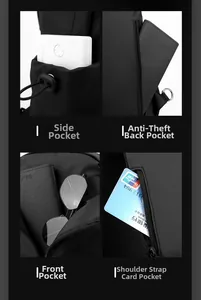 Detailed views of water-resistant chest bag featuring anti-theft pocket and shoulder card slot