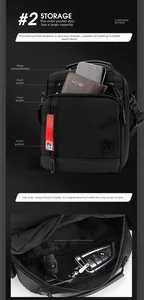 Detail of multi-pocket organizer system and interior key hook for men's shoulder bag