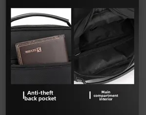 Detail view of the secure anti-theft back pocket and spacious main compartment of this bag