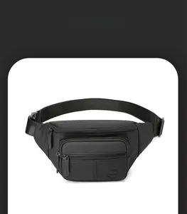 Close-up of durable black nylon waist bag with adjustable strap and brand logo detail