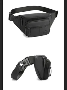 Detail view of black nylon sports waist bag with multiple zippers and adjustable buckle